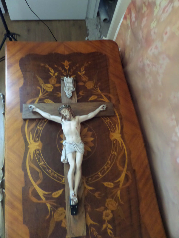 19thc FRENCH Rare Crucifix polychrome french stone biscuit christ wood cross 25
