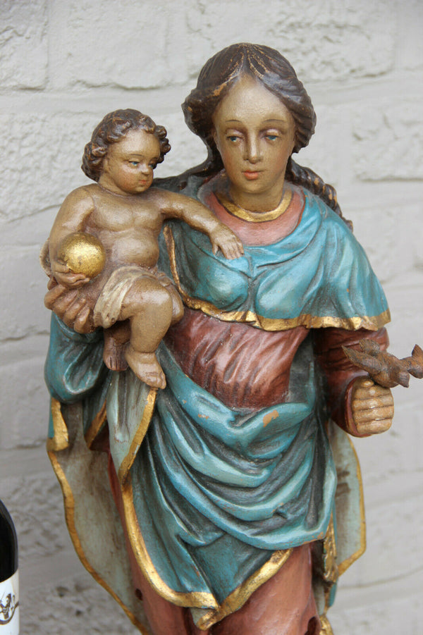 Antique flemish Wood carved polychrome madonna child bird figurine statue