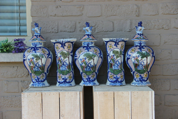 Antique holland 19th Adriaen kocks Delft pottery marked set 5 vases