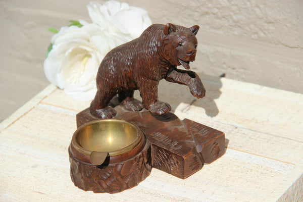 Antique hand Black forest wood carved swiss bear statue figurine  ashtray
