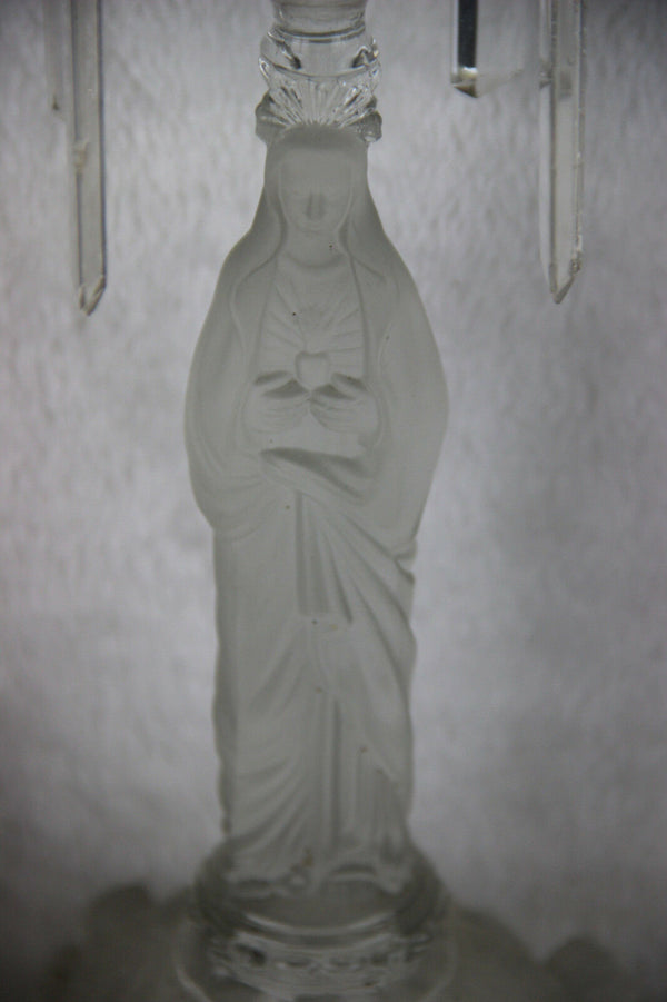 PAIR Rare frosted Glass Sacred Heart Candlestic Madonna  Val Saint Lambert 1913