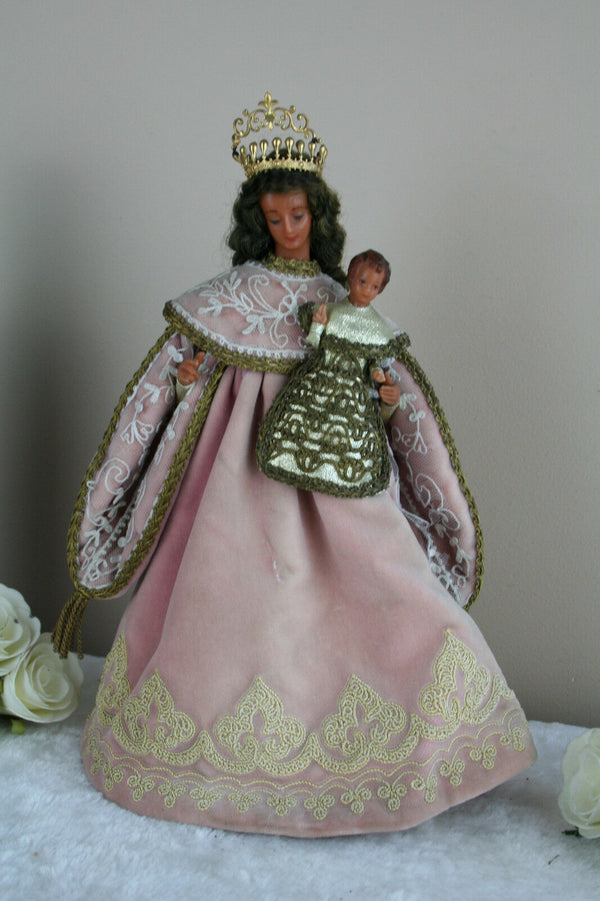 Antique French Wax Madonna statue child pink cape religious figurine 1930