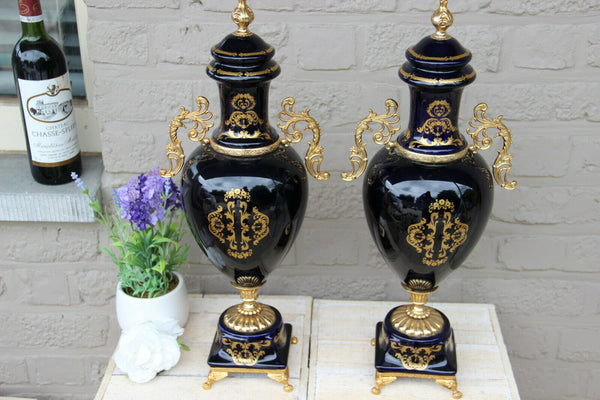 PAIR Cobalt blue porcelain Vases victorian romantic scenes marked 1960