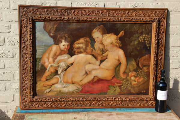 HUGE Flemish oil canvas 1920's Putti group baby jesus lamb religious painting