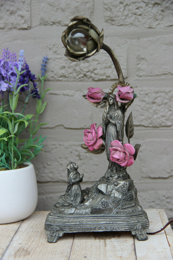 Antique French Notre dame LOURDES Spelter music box porcelain flowers lamp
