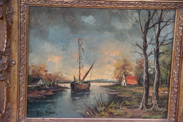 Pair flemish oil cardboard landscape maritime boat scene painting signed