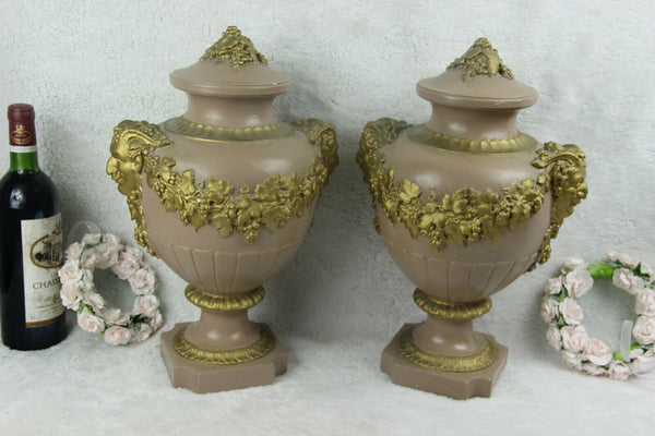 PAIR antique art deco 1920 Chalkware satyr heads Cassolette Vases urns
