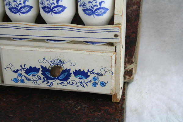 Vintage 70's  Kitchen rack wood delft blue white pottery  6 shakers  herbs