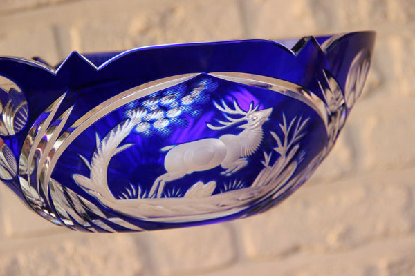 Large Vintage Czech bohemia art glass crystal Bowl hunting deer blue
