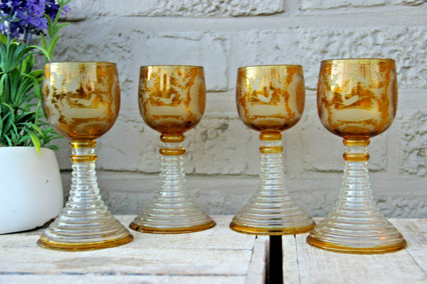 Antique Set 4  Bohemia yellow Crystal glass glasses deer hunting theme