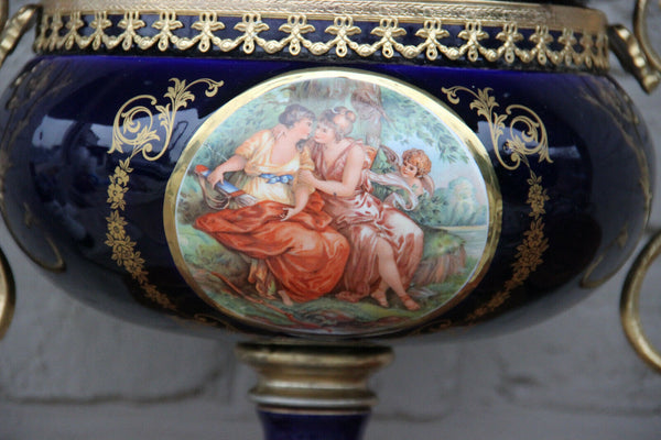 huge French cobalt blue porcelain centerpiece lidded bowl victorian scene