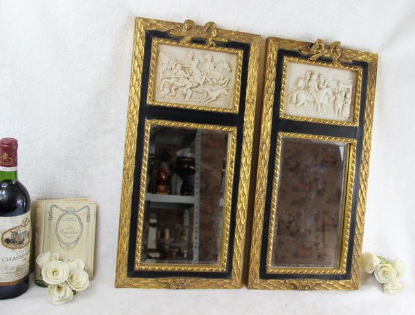 PAIR french vtg Wall mirror wood frame resin cast marble scenes knights 1960s