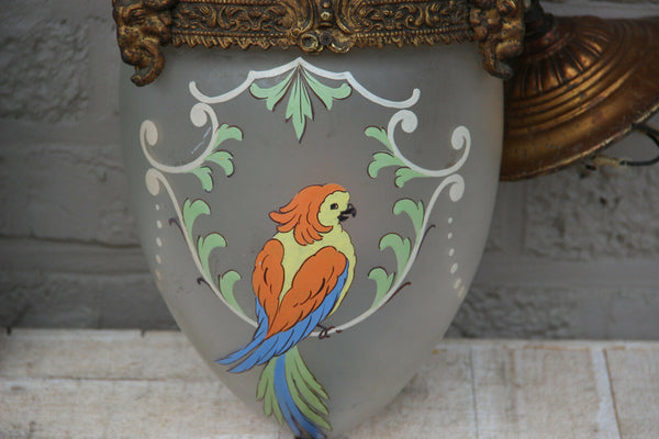 Rare antique Bronze French glass parrot chandelier lantern lamp ram heads