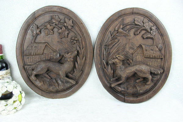 PAIR Antique black forest Wood carved oval plaques panel Dog fox hunting scene