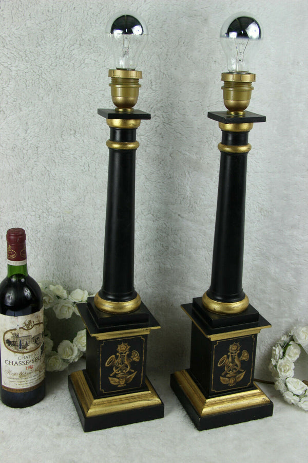 Pair vintage Wood carved empire style 1970 French table desk lamps