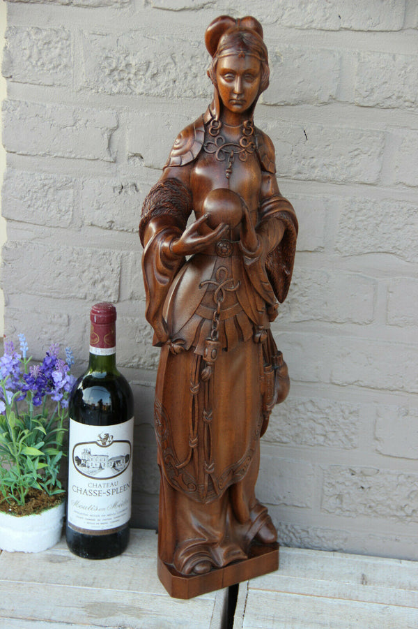 Antique XL Flemish wood carved statue Religious mary Burgundy signed artist