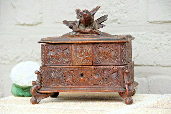 Antique Swiss black forest wood carved jewelry trinket box bird velvet
