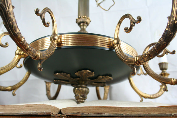 gorgeous French 1950 Chandelier Empire Green tole brass