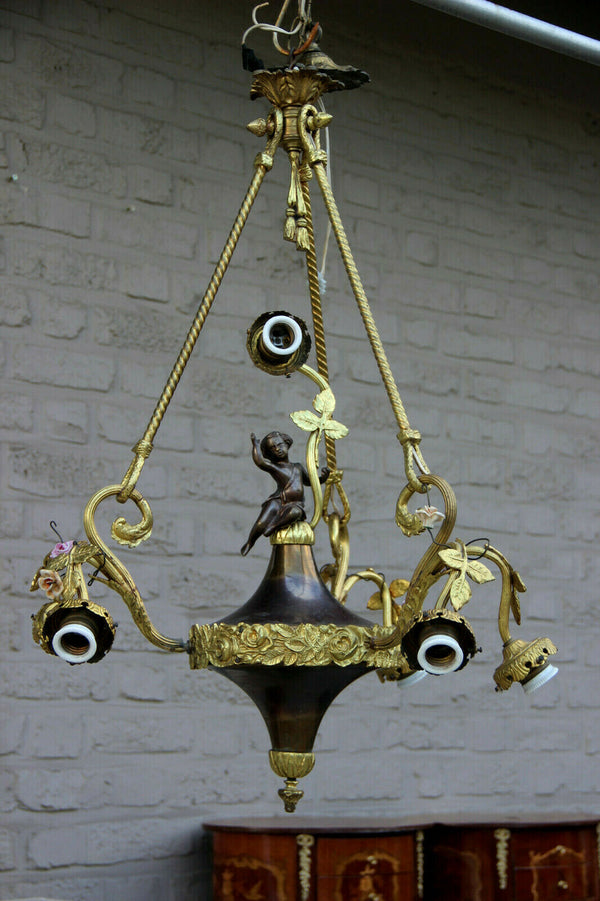 Gorgeous French Bronze putti angel porcelain flowers chandelier empire design