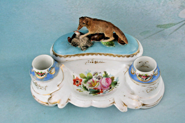 Antique French vieux Paris Porcelain Inkwell fox hunting pheasant 19th c