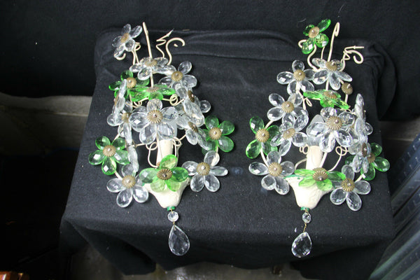 PAIR French Daisy flower green glass wall lights sconces attr maison bagues 1960