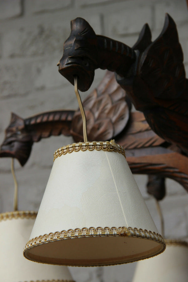 Antique french black forest wood carved gothic castle dragon chandelier