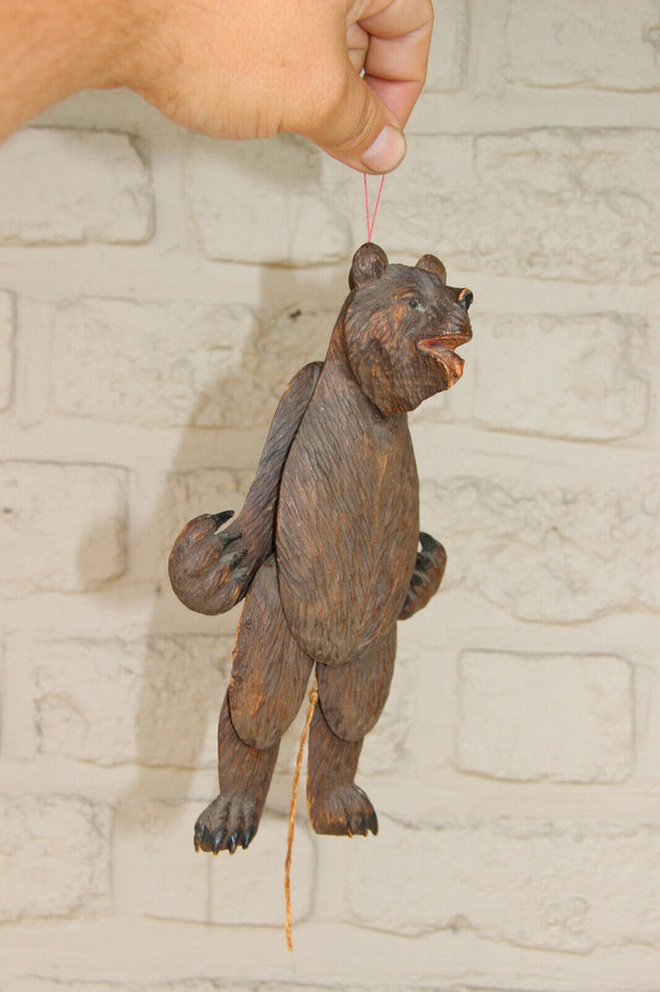 Rare Antique black forest wood carved bear wall strin pull toy