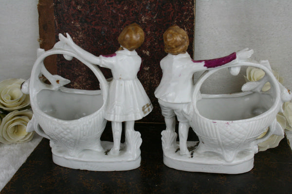 French porcelain pair figurines vases boy & girl basket form 1950's marked