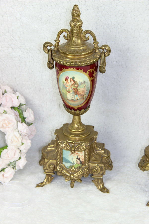 French porcelain Burgundy red romantic victorian Clock set vases