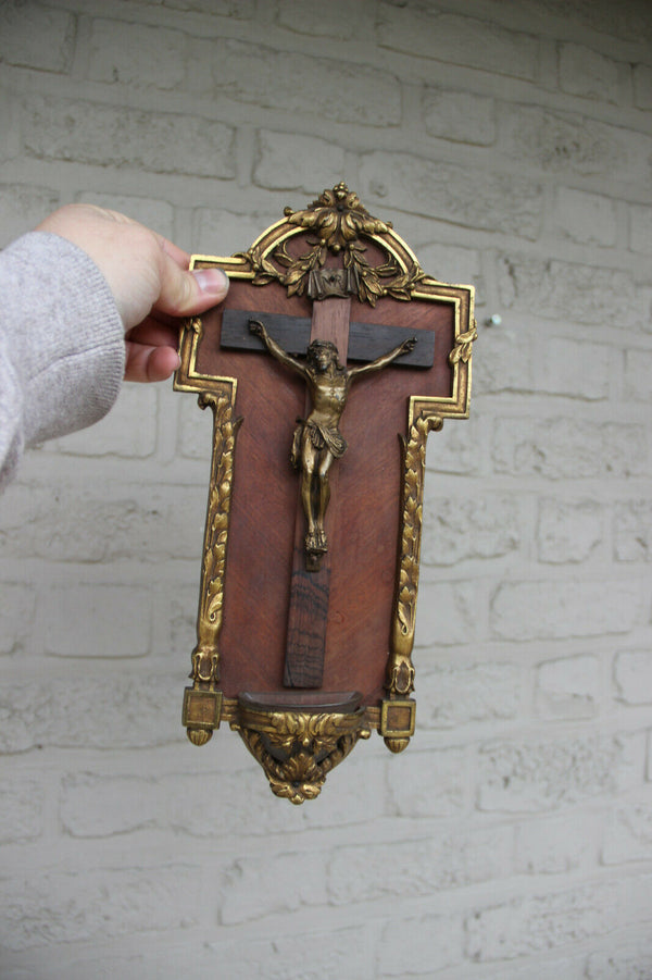 LARGE antique French bronze wood Holy water font crucifix cross Religious