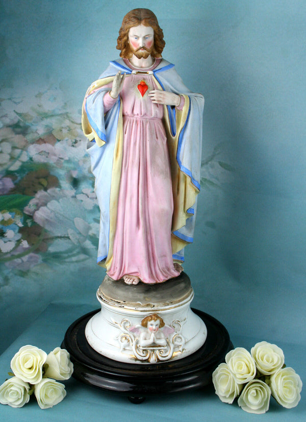 French Antique 19th c  18.11" Biscuit SACRED HEART statue JEsus polychrome base