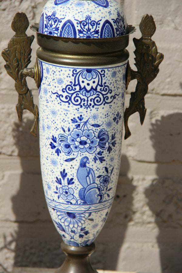 PAIR antique Delft blue white pottery bird floral decor Vases urns