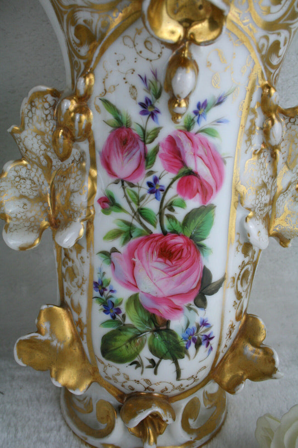 PAIR 19th c Vieux paris porcelain hand paint floral decor Vases Cornet