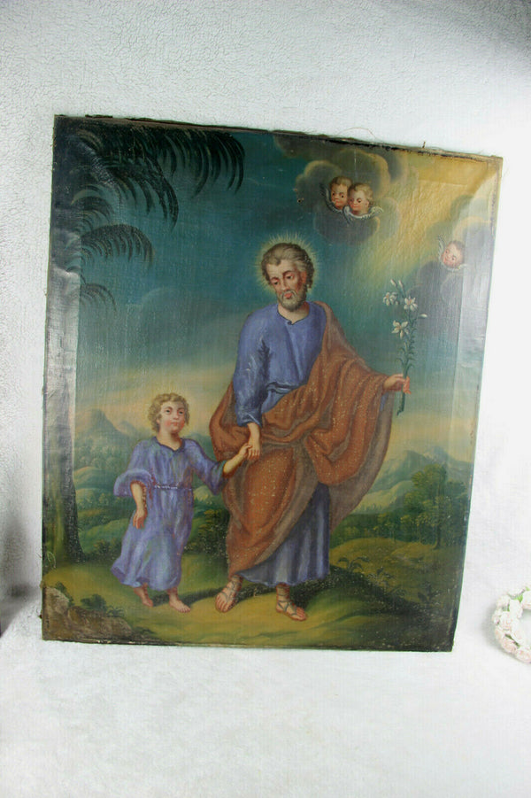 Antique Religious oil canvas painting jesus child joseph angels putti