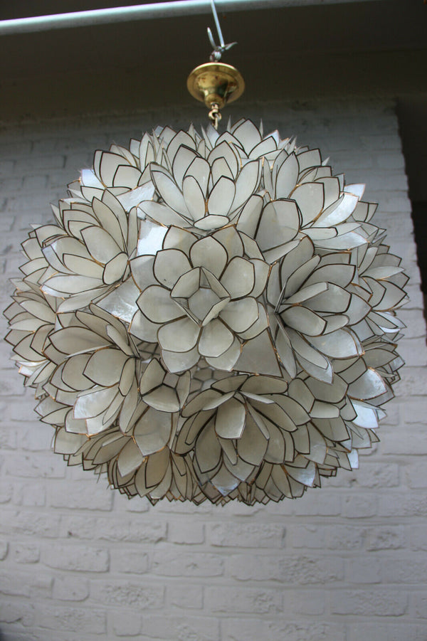 XL Rausch Capiz MotherPearl Shell Lotus flower sputnik ball chandelier 1960