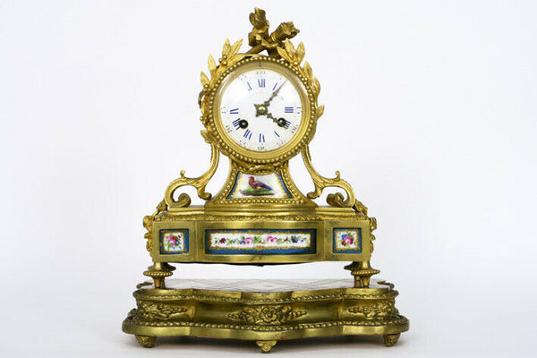 Antique french sevres porcelain plaques bronze mantel clock on wood base