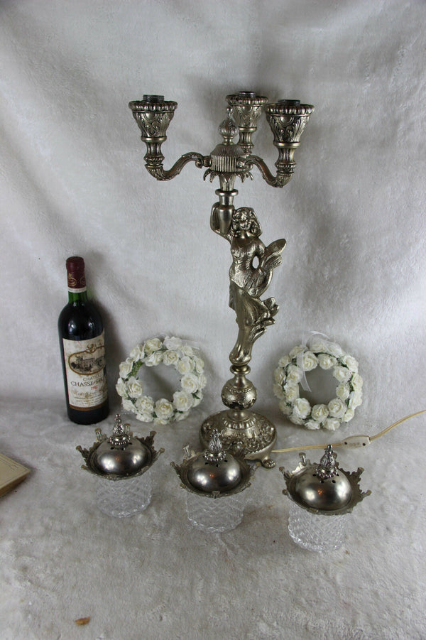 Huge Spelter bronze silver patina art nouveau lady table lamp 3 glass arm putti