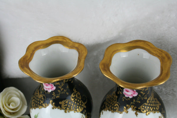 RARE!! Antique 19thC Vieux paris porcelain black fond vases aristrocat couple