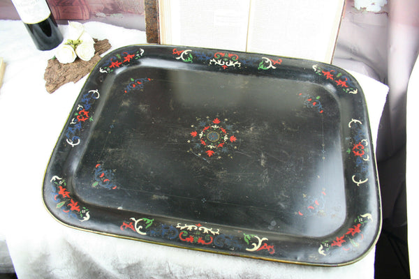 XXL French antique black Tole tin metal Tray floral 19th c