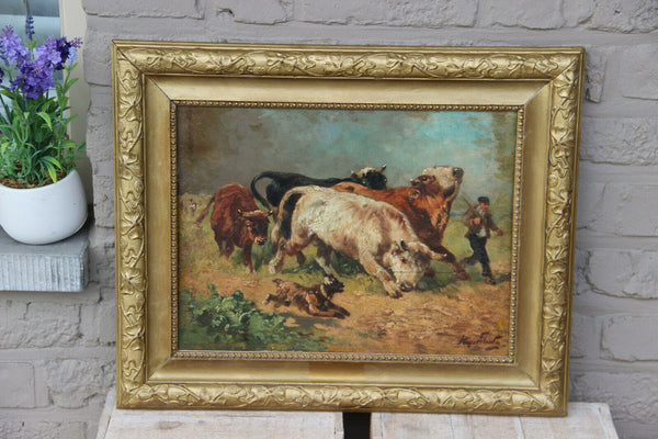 Antique oil on panel HENRY SCHOUTEN painting farmer and his dog bulls signed
