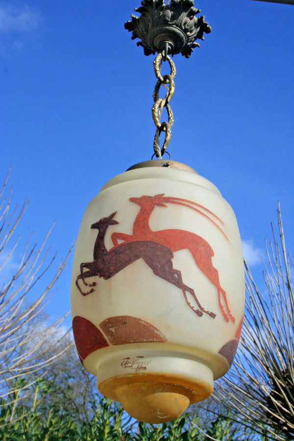 ART DECO Pendant chandelier antilope Deer enameled glass 1930 signed