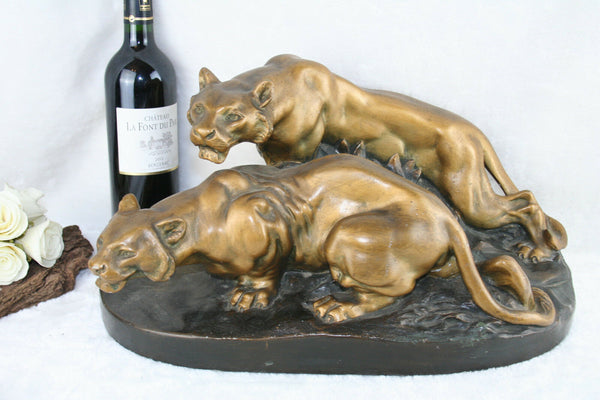 Large ART deco 30's Chalkware gold patina Tiger Panther Couple on the hunt