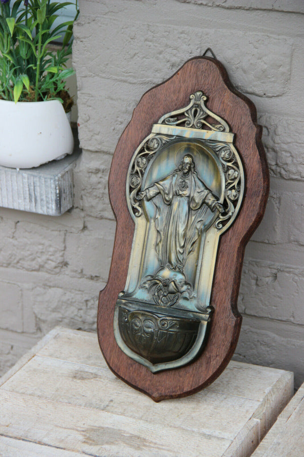 Antique religious holy water font Christ plaque wood metal rare