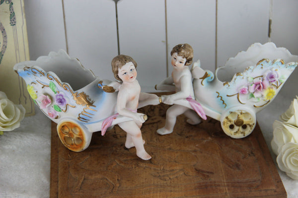 PAIR german bisque porcelain putti carriage figurines statue floral