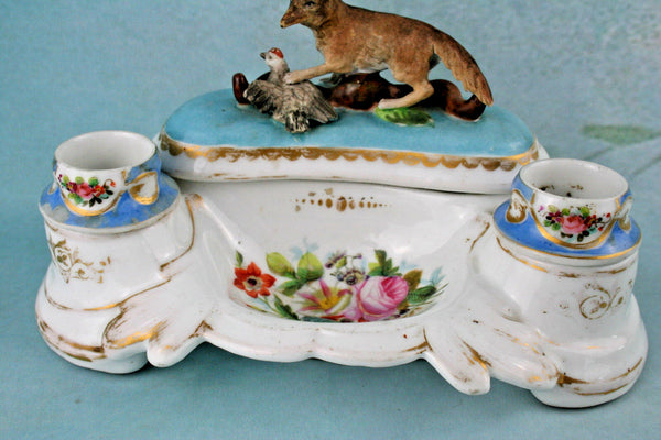 Antique French vieux Paris Porcelain Inkwell fox hunting pheasant 19th c