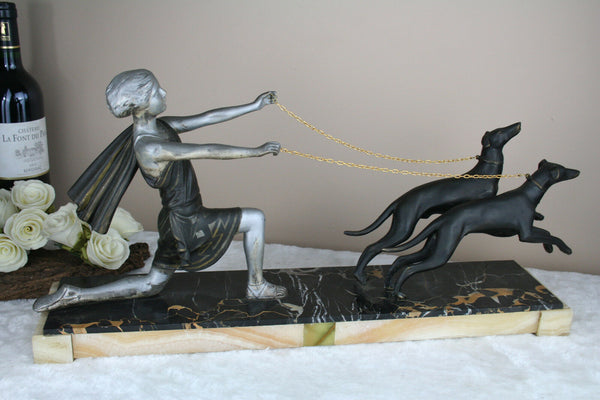 Art deco French spelter Group Lady dogs whippets marble base statue sculpture