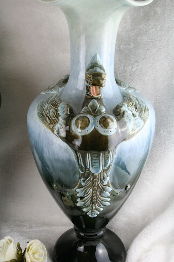 XL unusual PAIR French BARBOTINE majolica Art nouveau 1900 Dragon Vases marked