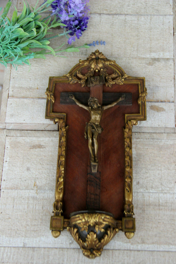 LARGE antique French bronze wood Holy water font crucifix cross Religious