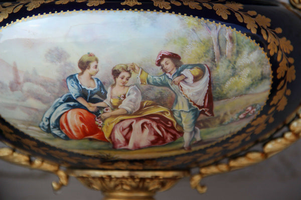 French Porcelain cobalt blue Victorian romantic scene bowl centerpiece