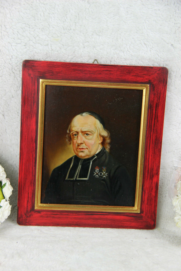 Antique oil panel painting of Bishop PIERRE Triest religious priest of Gent